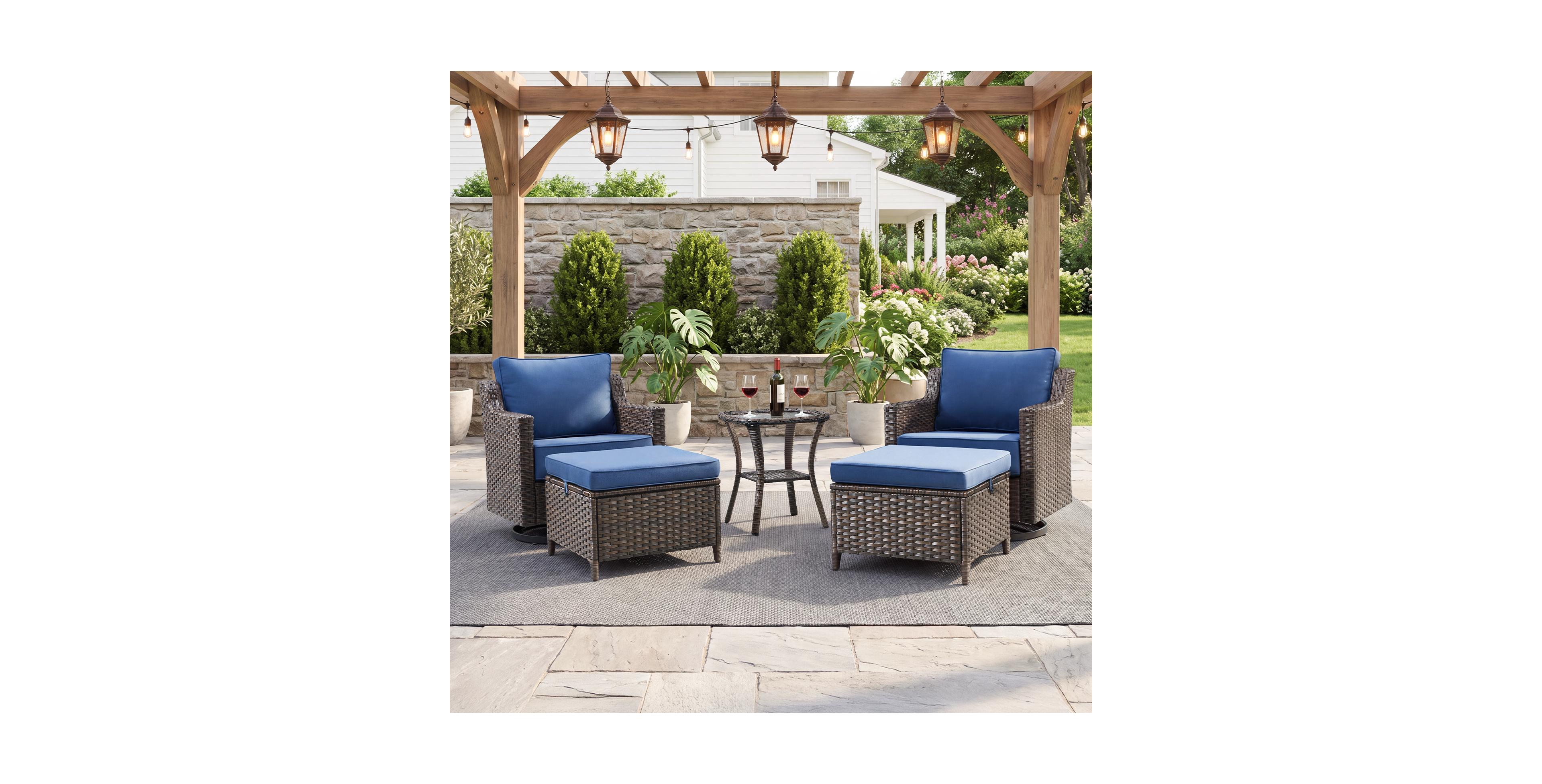 Pocassy Horiz 5-Piece Patio Furniture Set with 6" Thick Cushions, All-Weather Wicker Swivel Rocking Chairs and Ottomans
