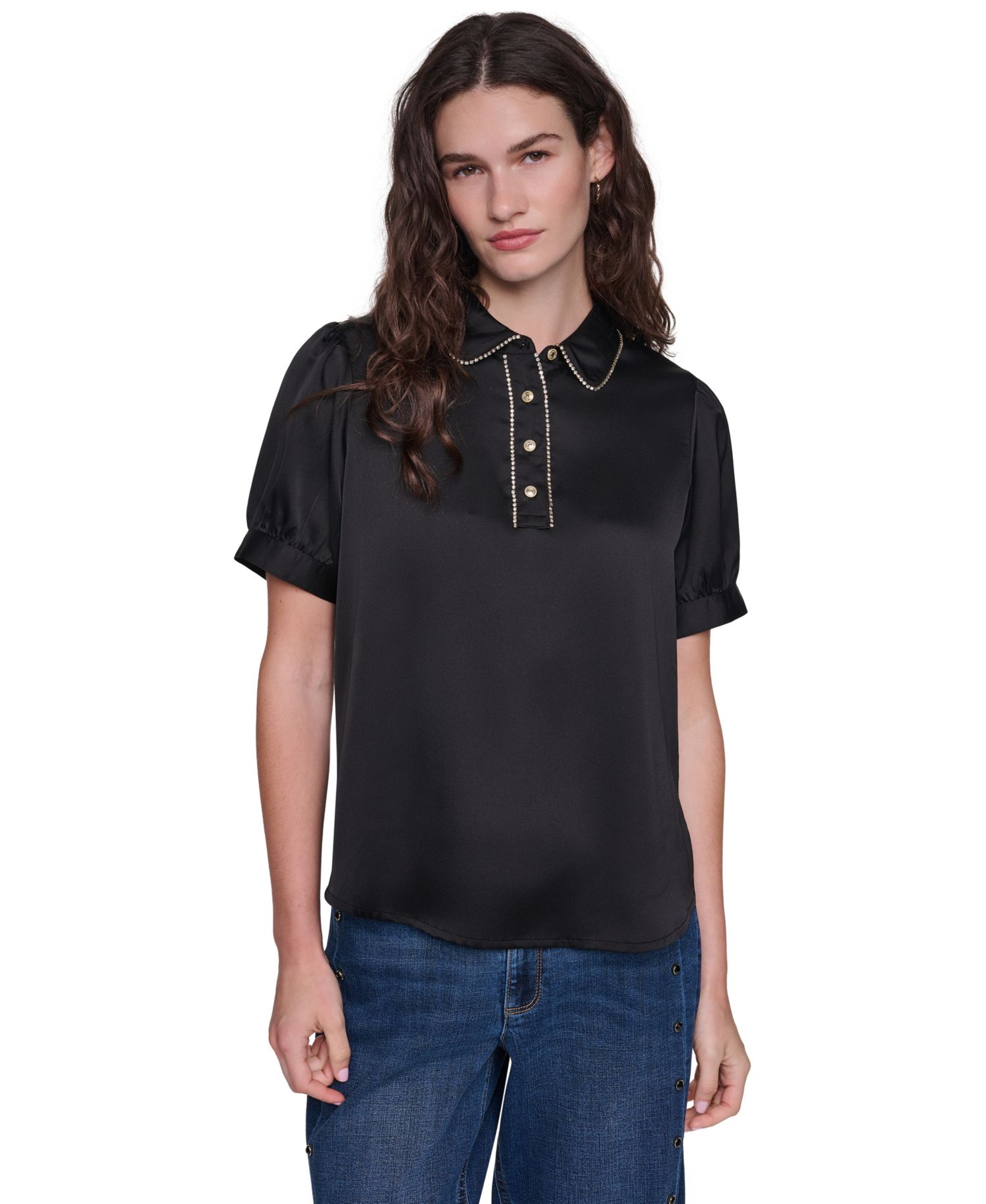 Women's Short-Sleeve Satin Crystal-Embellished Collared Blouse
