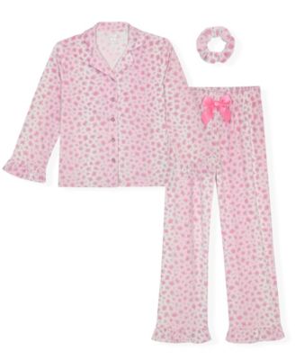 Girls' 5-16 Velour Print Long-Sleeve Ruffle-Trim Pajama and Scrunchie, 3-Piece Set