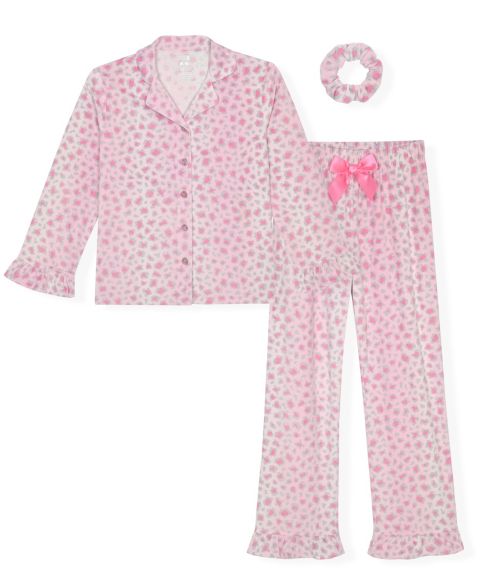 Max & Olivia Girls' 5-16 Velour Print Long-Sleeve Ruffle-Trim Pajama and Scrunchie, 3-Piece Set, цвет: Розовый