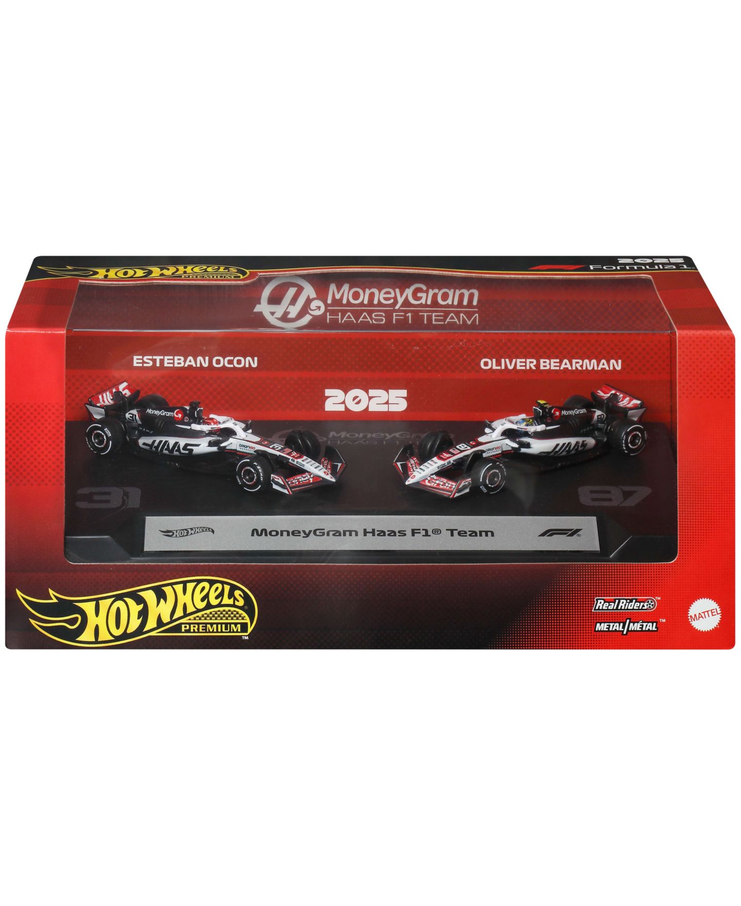 Набор Hot Wheels из 2 литых гоночных машин MoneyGram Haas F1 Team Premium, 1:64 — фото 1