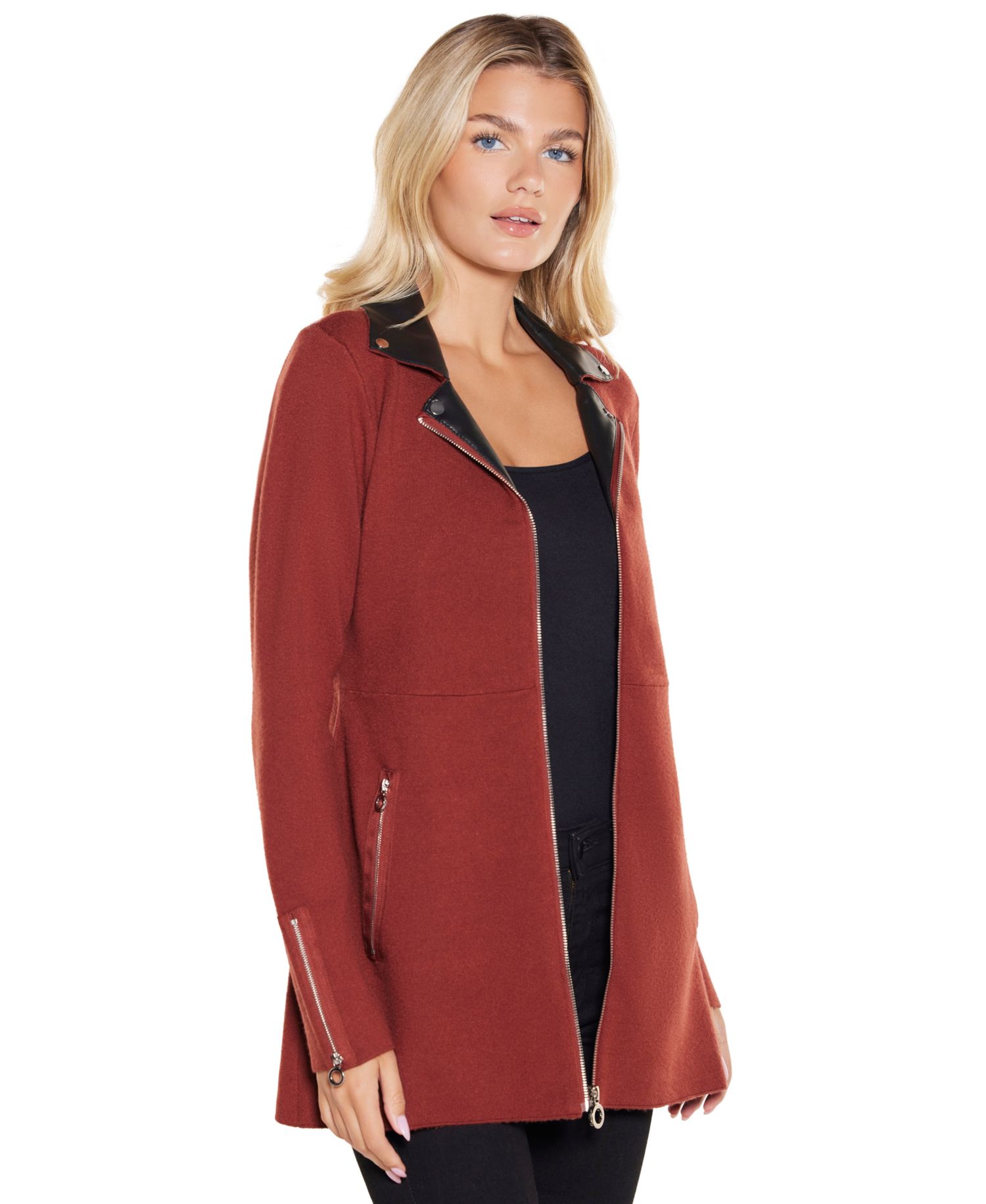 Black Label Women's Faux-Leather Collared Sweater Jacket