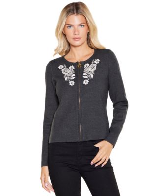 Women's Floral-Embroidered Long-Sleeve Zip-Up Cardigan Sweater