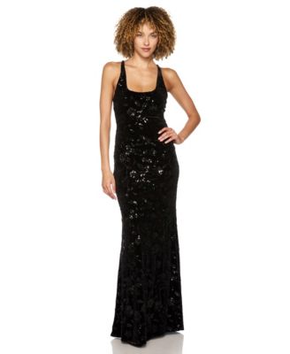 Juniors' Floral-Beaded Sequins Velvet Halter Neck Gown