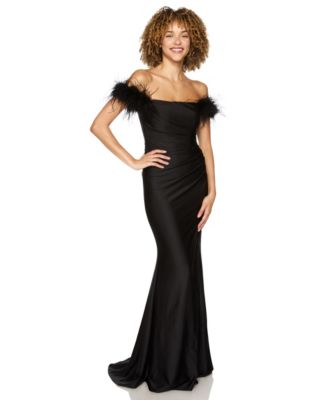 Juniors' Off-the-Shoulder Feather-Trim Gown