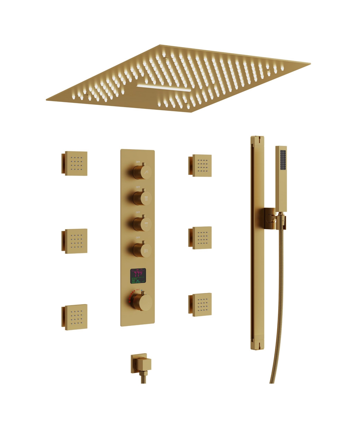 Everstein Thermostatic Digital Display Shower System, Ceiling Mount 2-Function 16" Led Rainfall Head with Handheld Spray