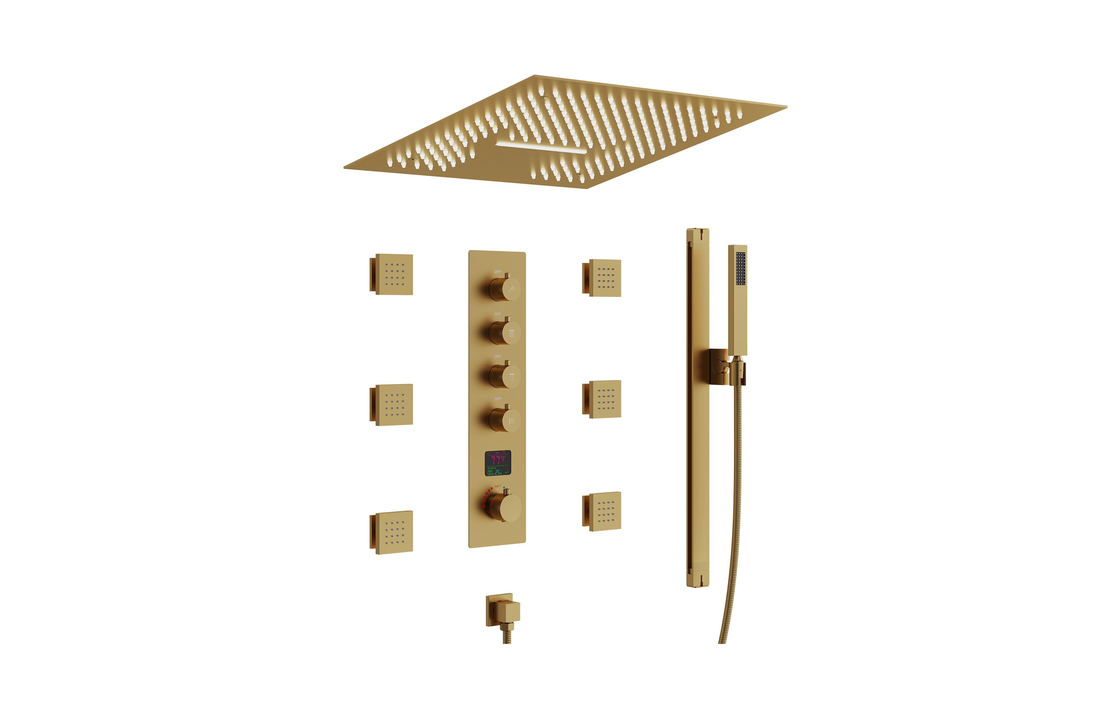 Everstein Thermostatic Digital Display Shower System, Ceiling Mount 2-Function 16" Led Rainfall Head with Handheld Spray