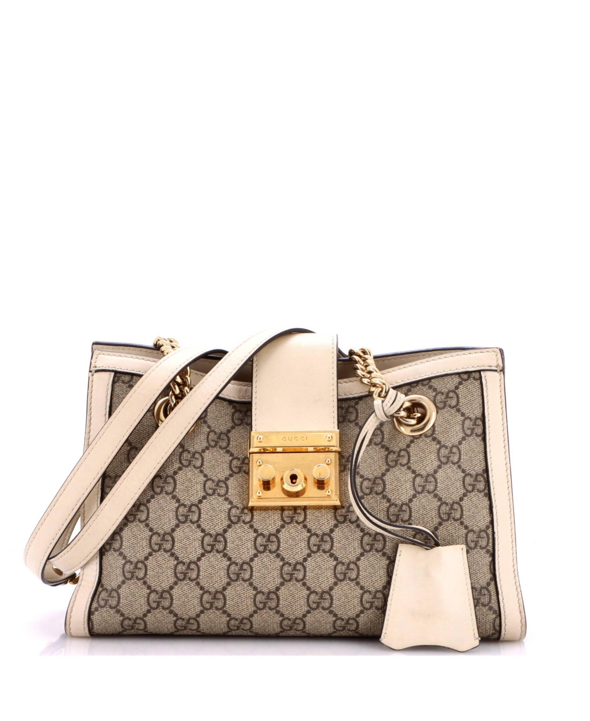 Pre-Owned Gucci Small Padlock Chain Tote Gg Coated Canvas with Leather - Natural