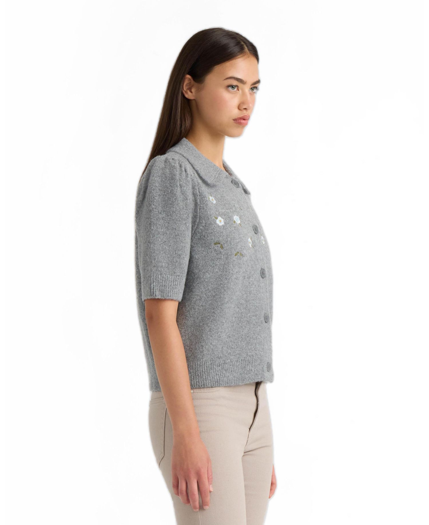 Women's Floral Embroidery Short Puff Sleeve Cardigan