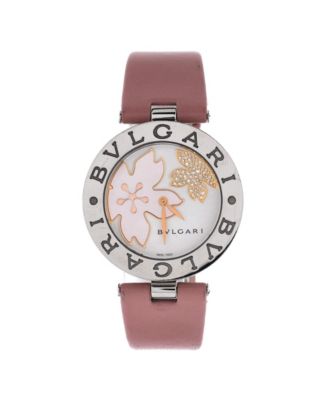 B.Zero1 Flower Motif Quartz Watch in Stainless Steel and Leather with Diamond Dial and Mother of Pearl 35mm
