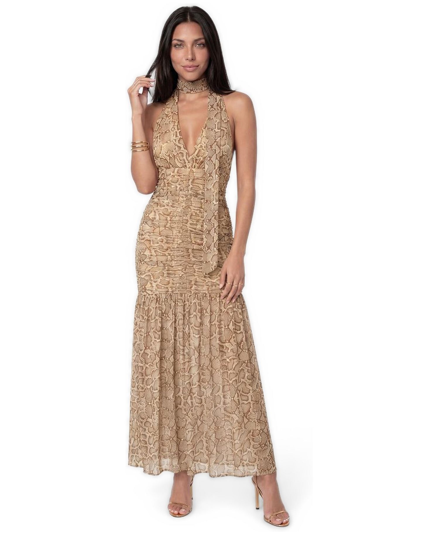 Women's Halter Ruched Snake-Print Maxi Dress