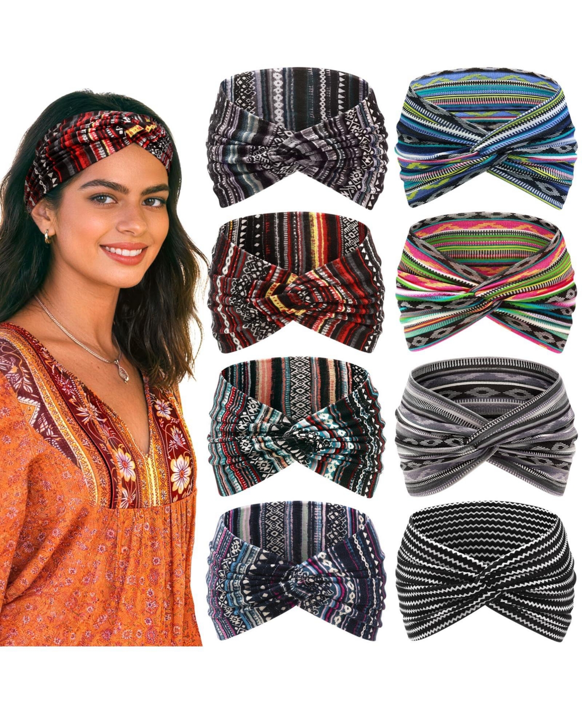 Furlihong Boho Wide Knotted Headband, 8-Piece Set - Orange