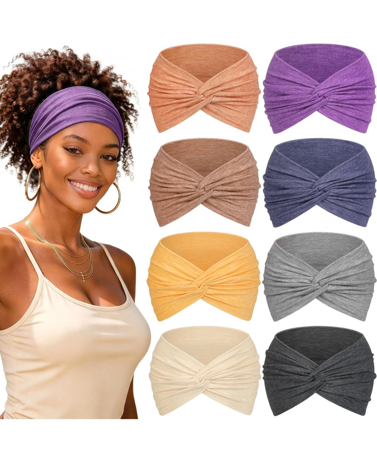 Furlihong Boho Wide Knotted Headband, 8-Piece Set - Pale yellow