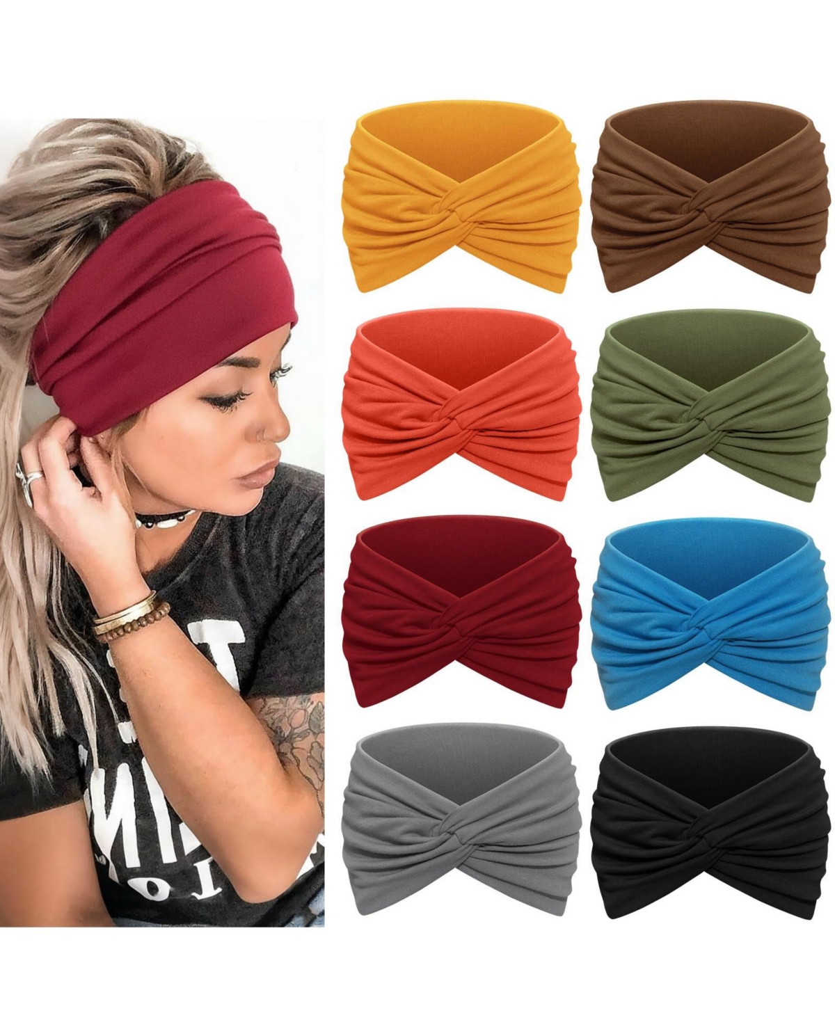 Furlihong Boho Wide Knotted Headband, 8-Piece Set - Yellow