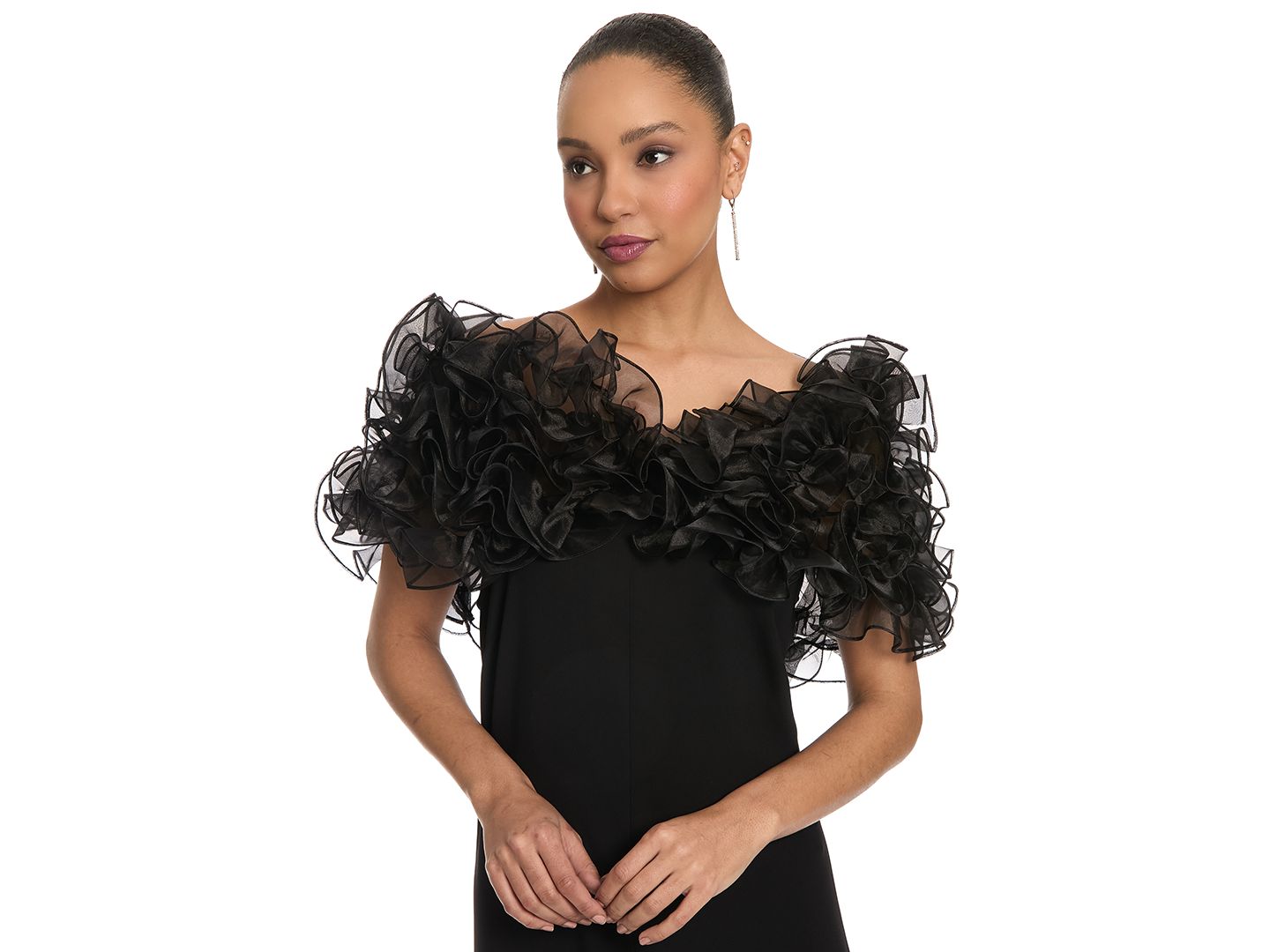 Женские куртки Muse Chandra Organza Ruffle Off-Shoulder Shawl, цвет: Чёрный — фото 1