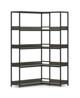 5-Tier L-Shaped Corner Bookshelf with Powder-Coated Metal Frame