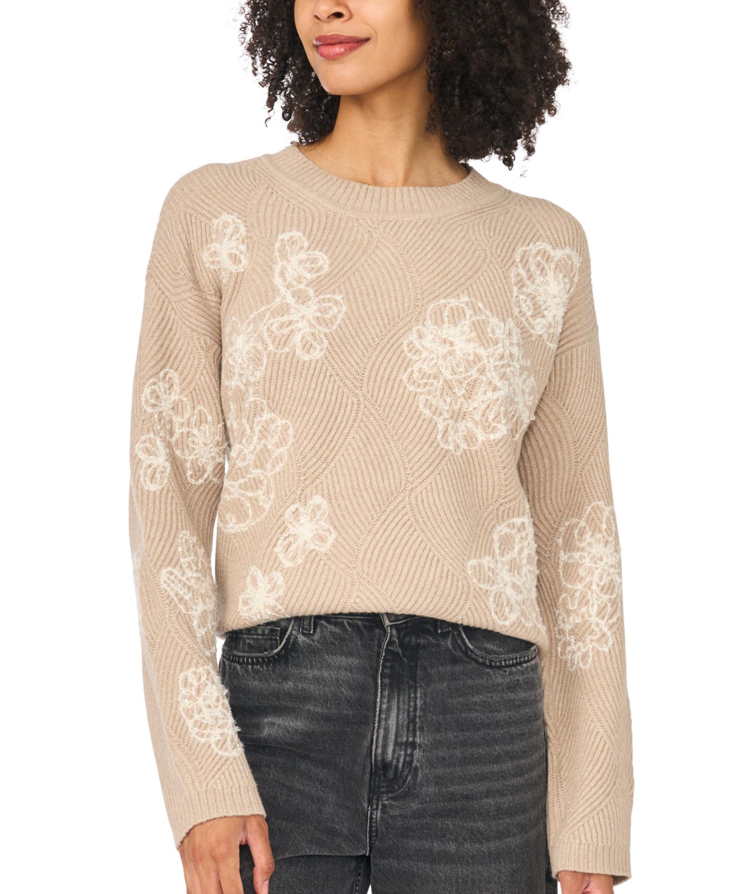 Women's Crewneck Floral-Embroidered Long-Sleeve Sweater