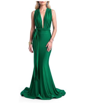 Women's Plunging V-Neck Tie-Waist Mermaid Evening Gown