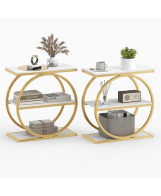 2Piece Faux Marble Side Table Metal Frame3-Tier Sofa End Table with Storage Shelf