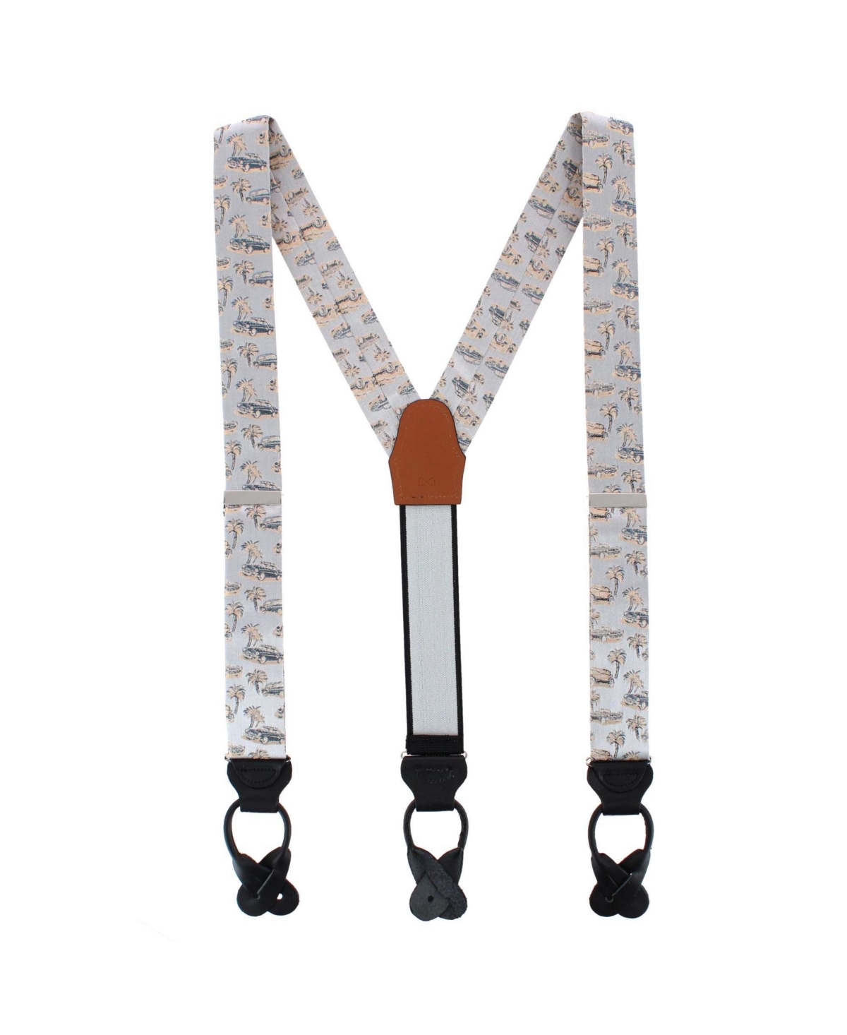 Trafalgar Men's Summer Cruise Nights Silk Vintage Automobile Print Leather Button-End Suspenders - Silver
