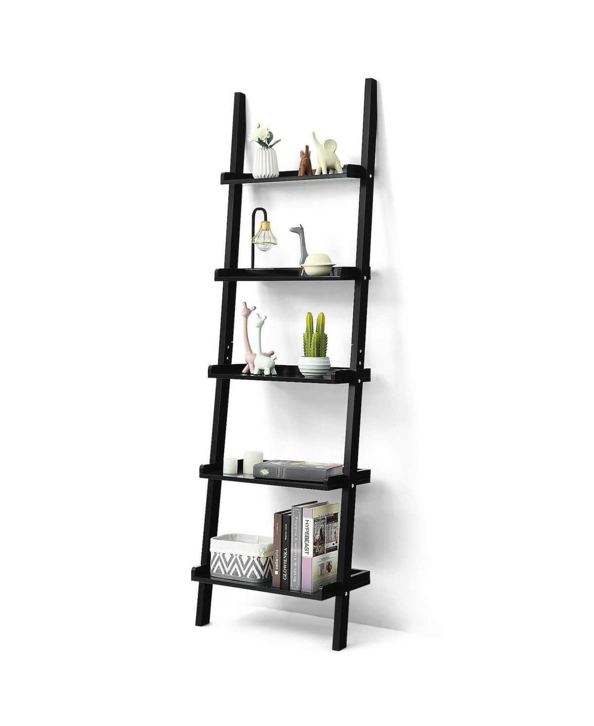 Mecale 5-Tier Wall-leaning Ladder Shelf Display Rack for Plants and Books