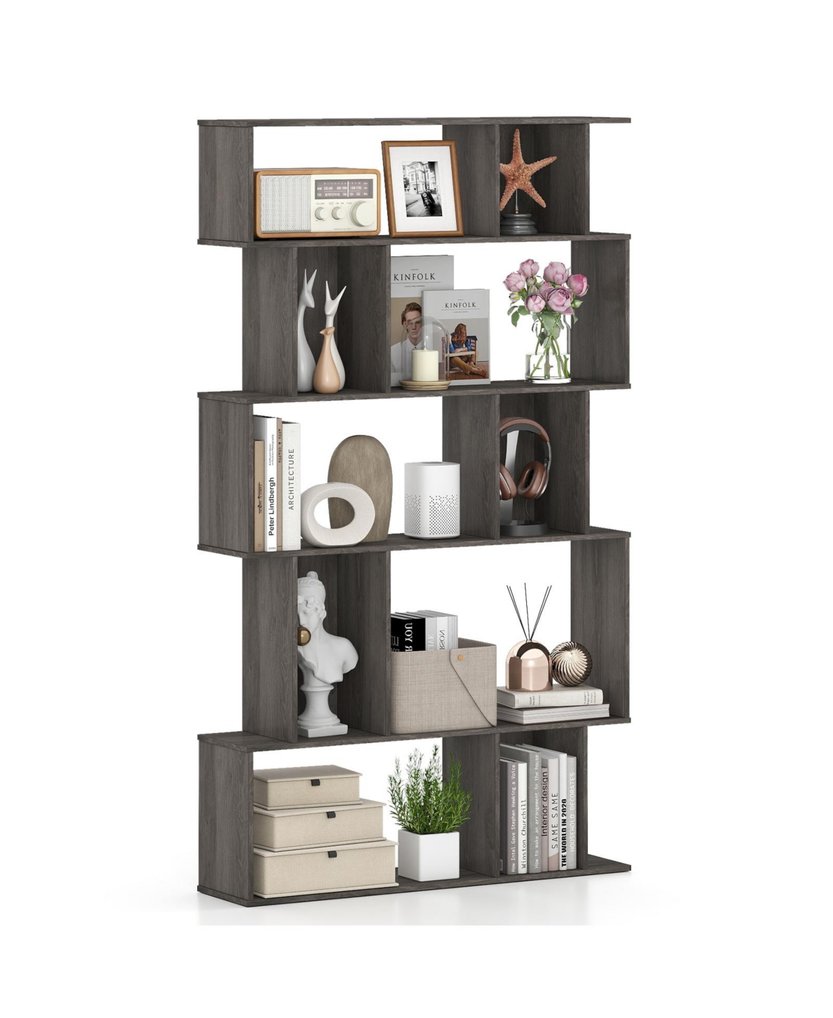Mecale Geometric Bookshelf 5-Tier Bookcase with Open Shelves and Closed-back Cubes - Natural