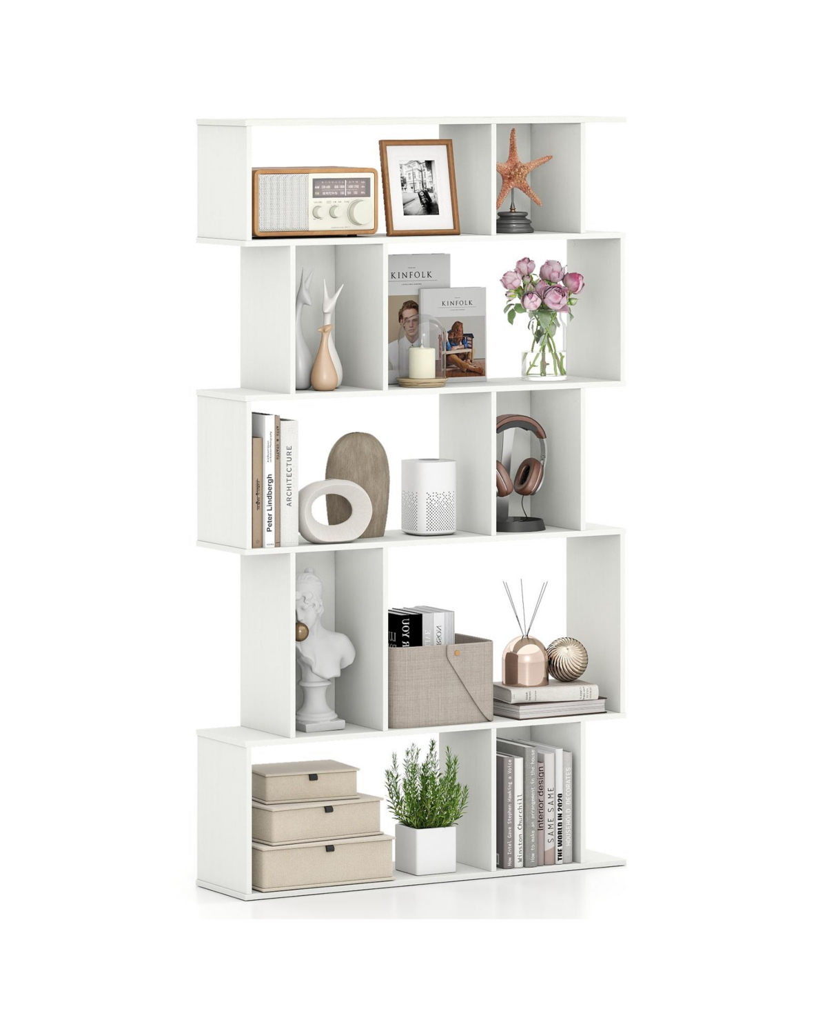 Mecale Geometric Bookshelf 5-Tier Bookcase with Open Shelves and Closed-back Cubes - White