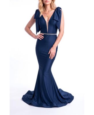Women's Bow Shoulder Plunge Mermaid Evening Gown