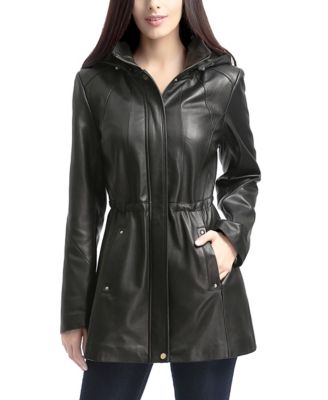 Women's Natalie Hooded Drawstring-Waist Leather Parka