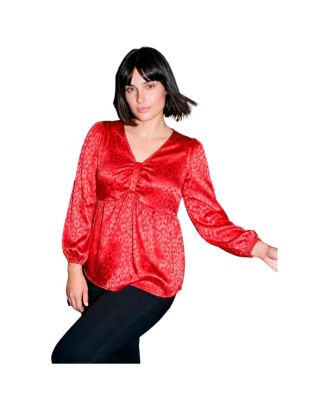 Plus Size Seraphina Long-Sleeve Satin Jacquard V-Neck Blouse