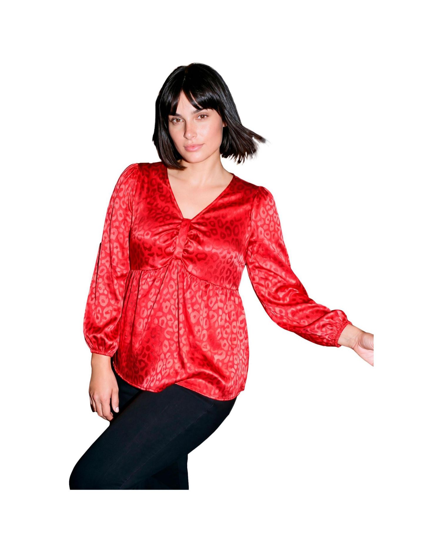 Plus Size Seraphina Long-Sleeve Satin Jacquard V-Neck Blouse