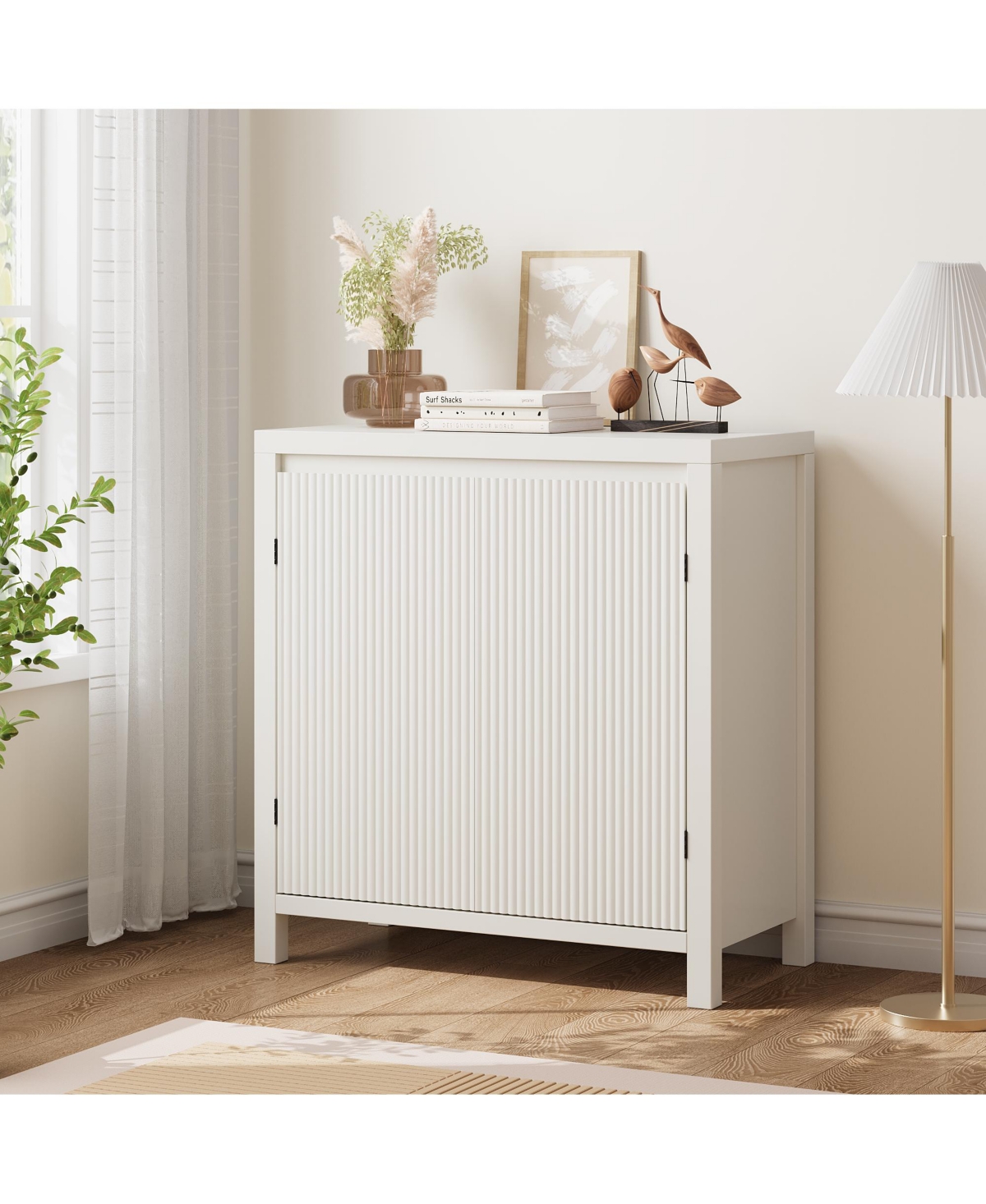 homfan Modern Sideboard Cabinet with Fluted Doors, Adjustable Shelves and Wood Feet, for Living Room, Dining Room