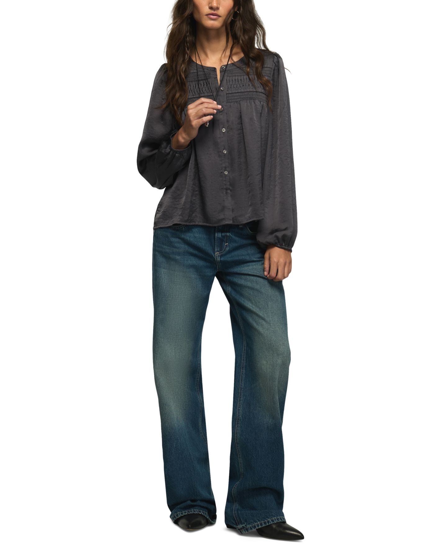Женская блузка Lucky Brand Long-Sleeve Satin Pintuck, цвет: Тёмно-синий — фото 2