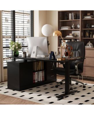 63 in. Width L-Shape Wooden 3-Drawer Writing Desk with Adjustable Height, Open Shelves and A Door Storage Cabinet