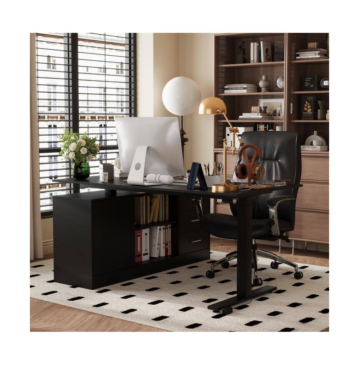Fufu&Gaga 63 in. Width L-Shape Wooden 3-Drawer Writing Desk with Adjustable Height, Open Shelves and A Door Storage Cabinet - Black