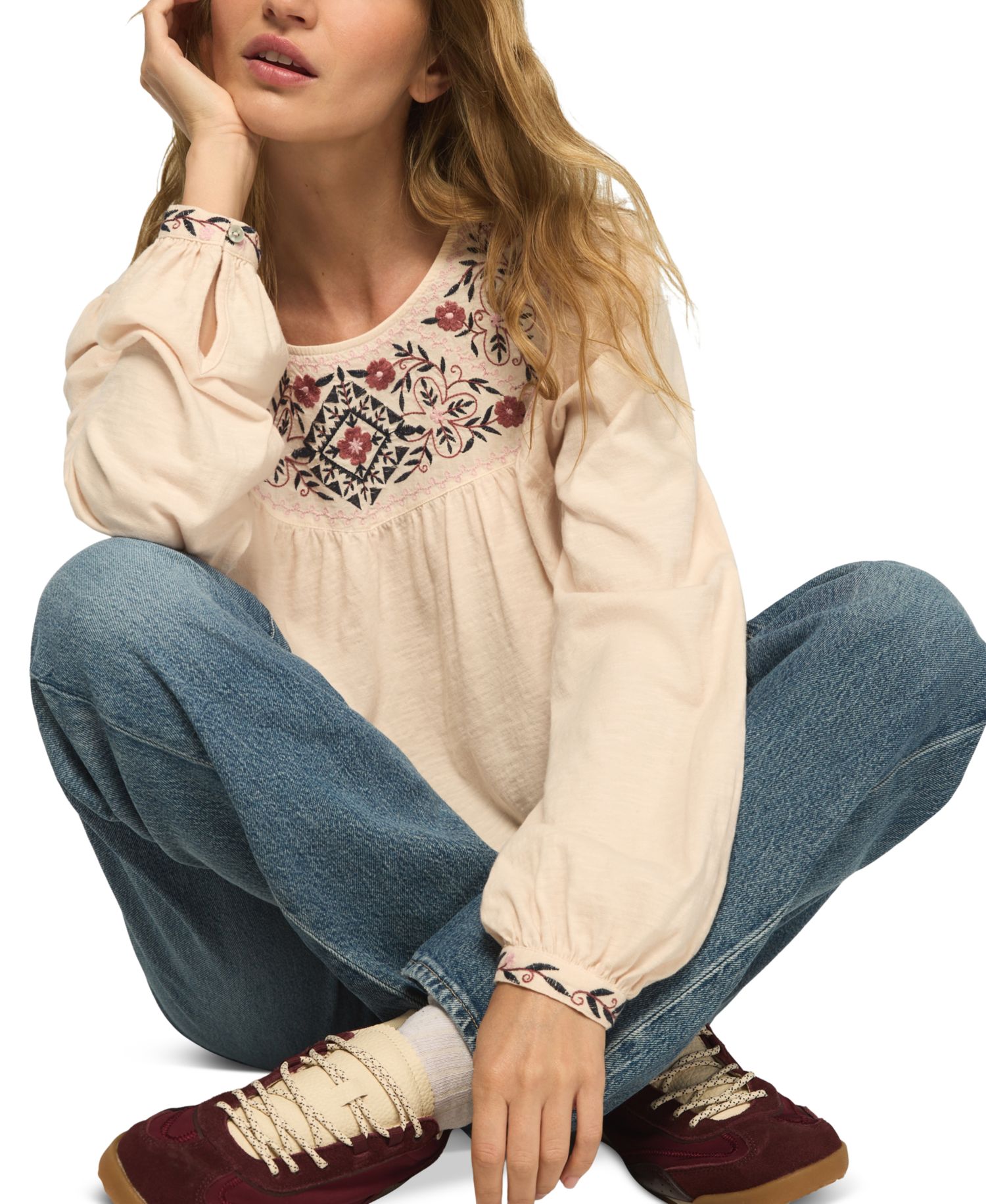 Women's Long-Sleeve Embroidered Yoke Peasant Top