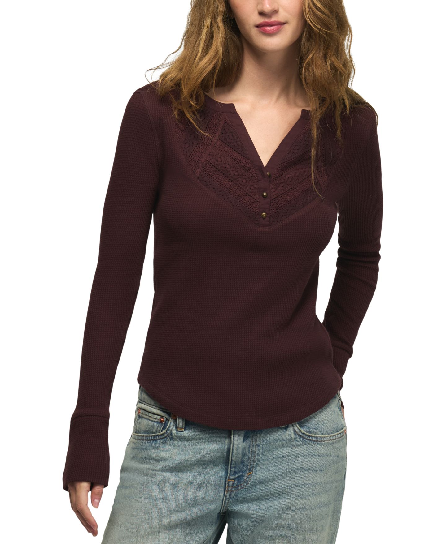 Женский топ-хенли Lucky Brand с V-образным вырезом, длинным рукавом и кружевной отделкой, цвет: Fudge — фото 6
