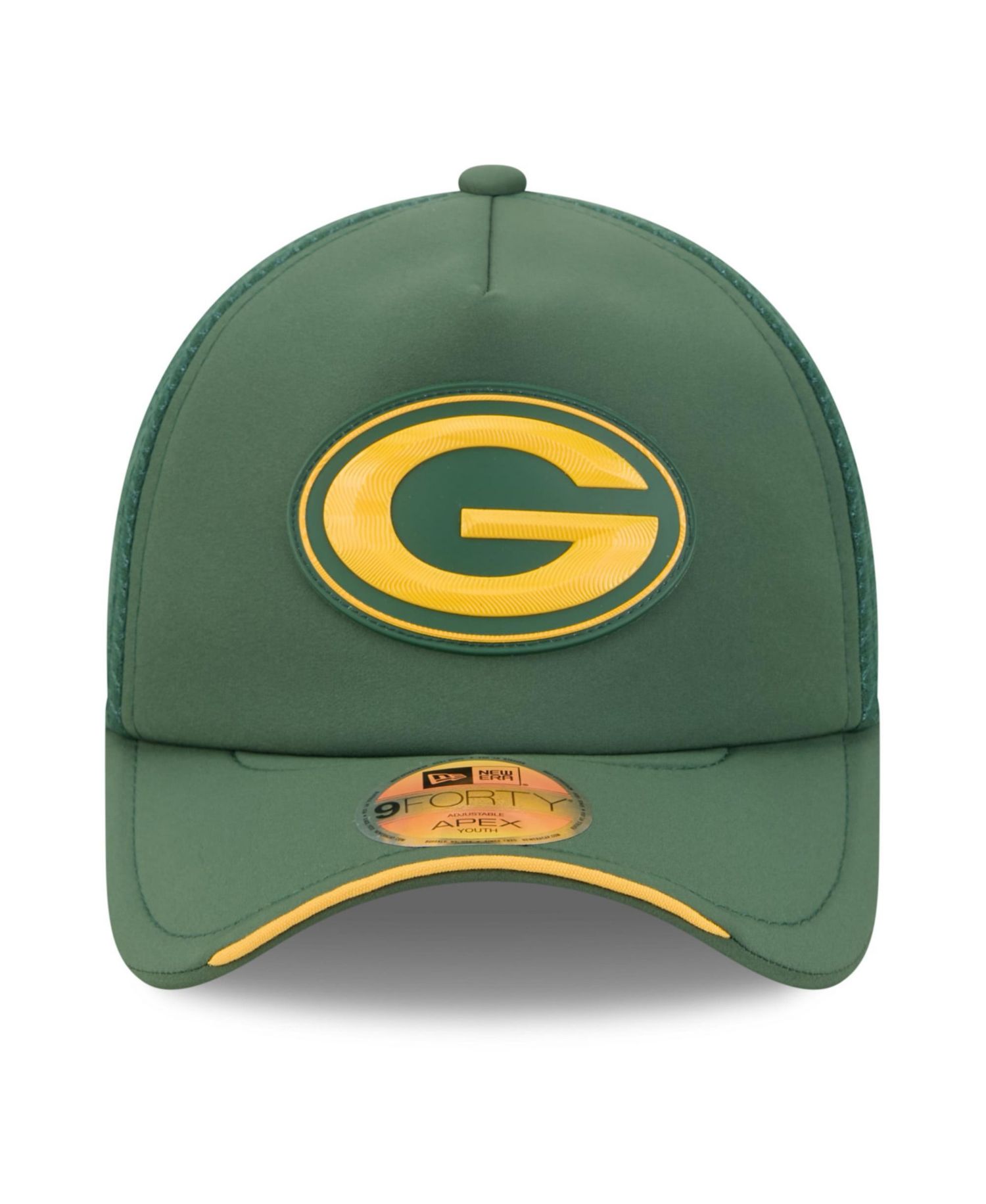 Big Boys and Girls Green Green Bay Packers 2026 Sideline Apex 9FORTY Adjustable Trucker Hat