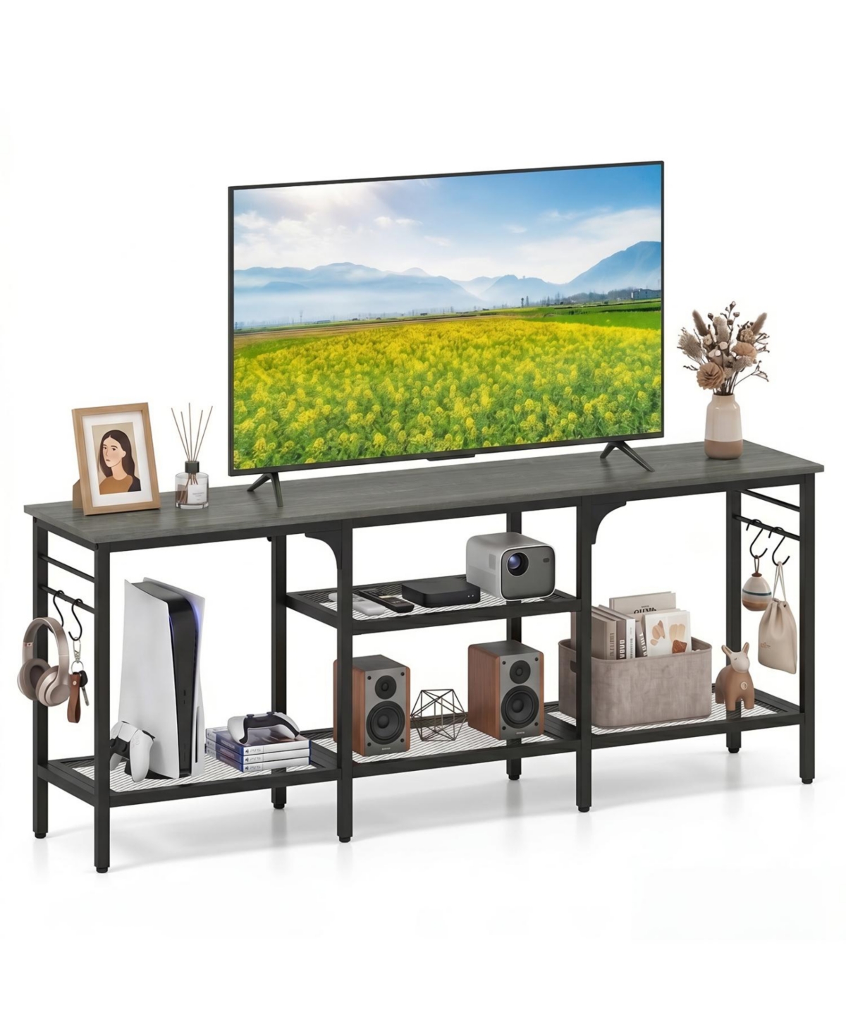 Mecale Tv Stand for TVs up to 65 Inch with 3-Tier Open Shelves and 4 Hooks