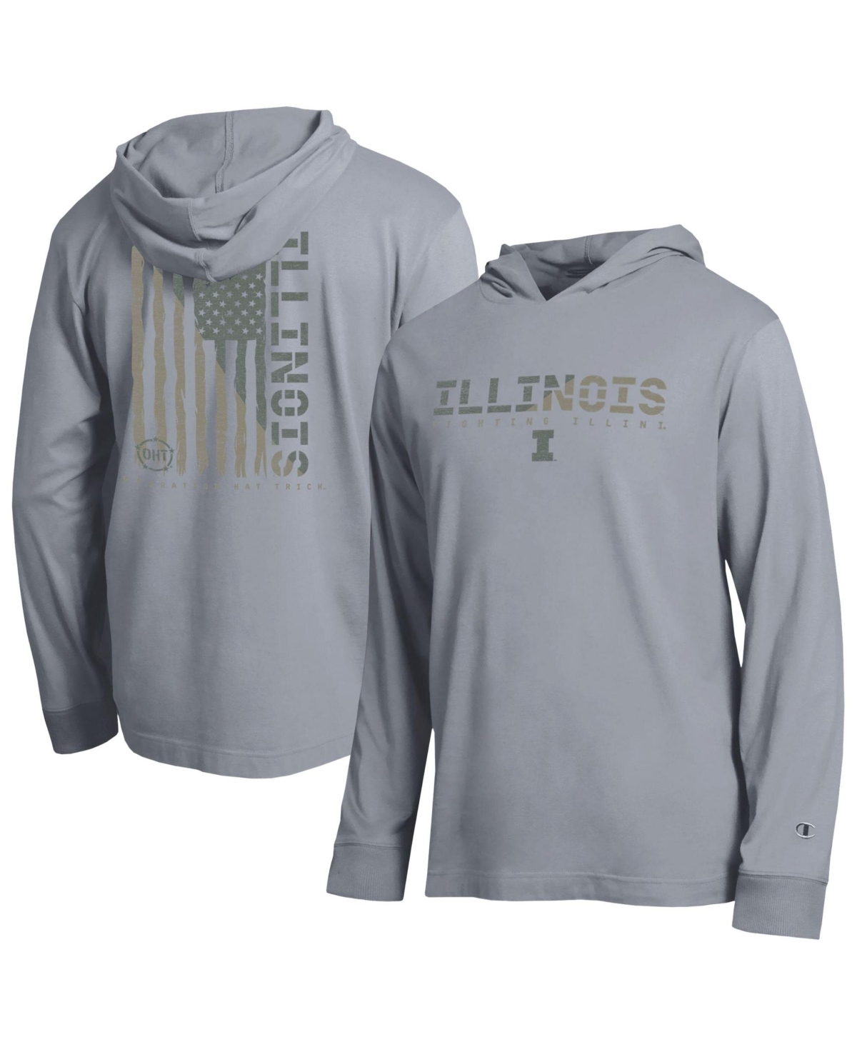 Champion Men's Gray Illinois Fighting Illini Operation Hat Trick Flag Hooded Long- Sleeves T-Shirt - Gray