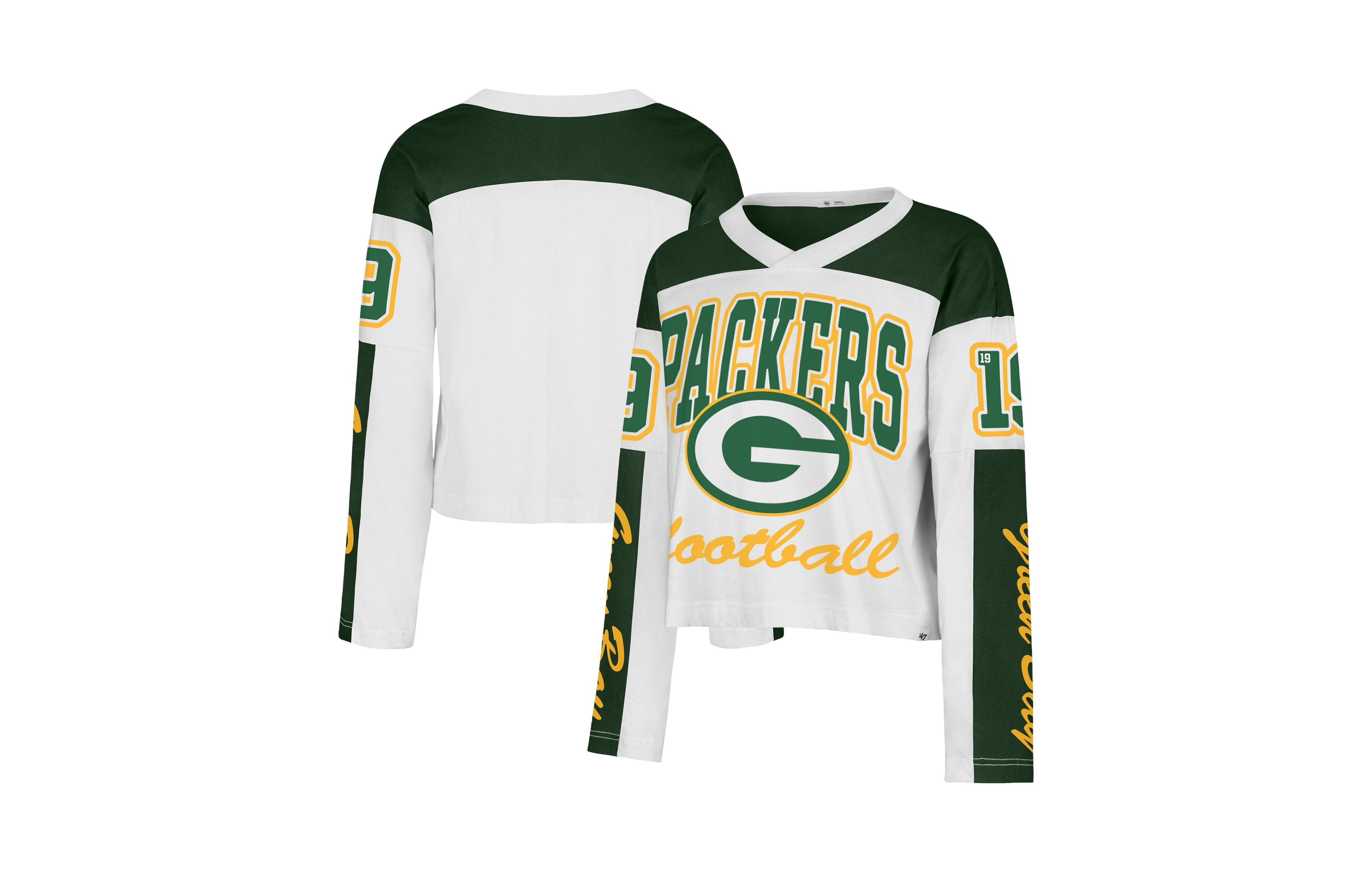 '47 Brand Women's White Green Bay Packers Exclamation Metro V-Neck Long- Sleeves Jersey T-Shirt
