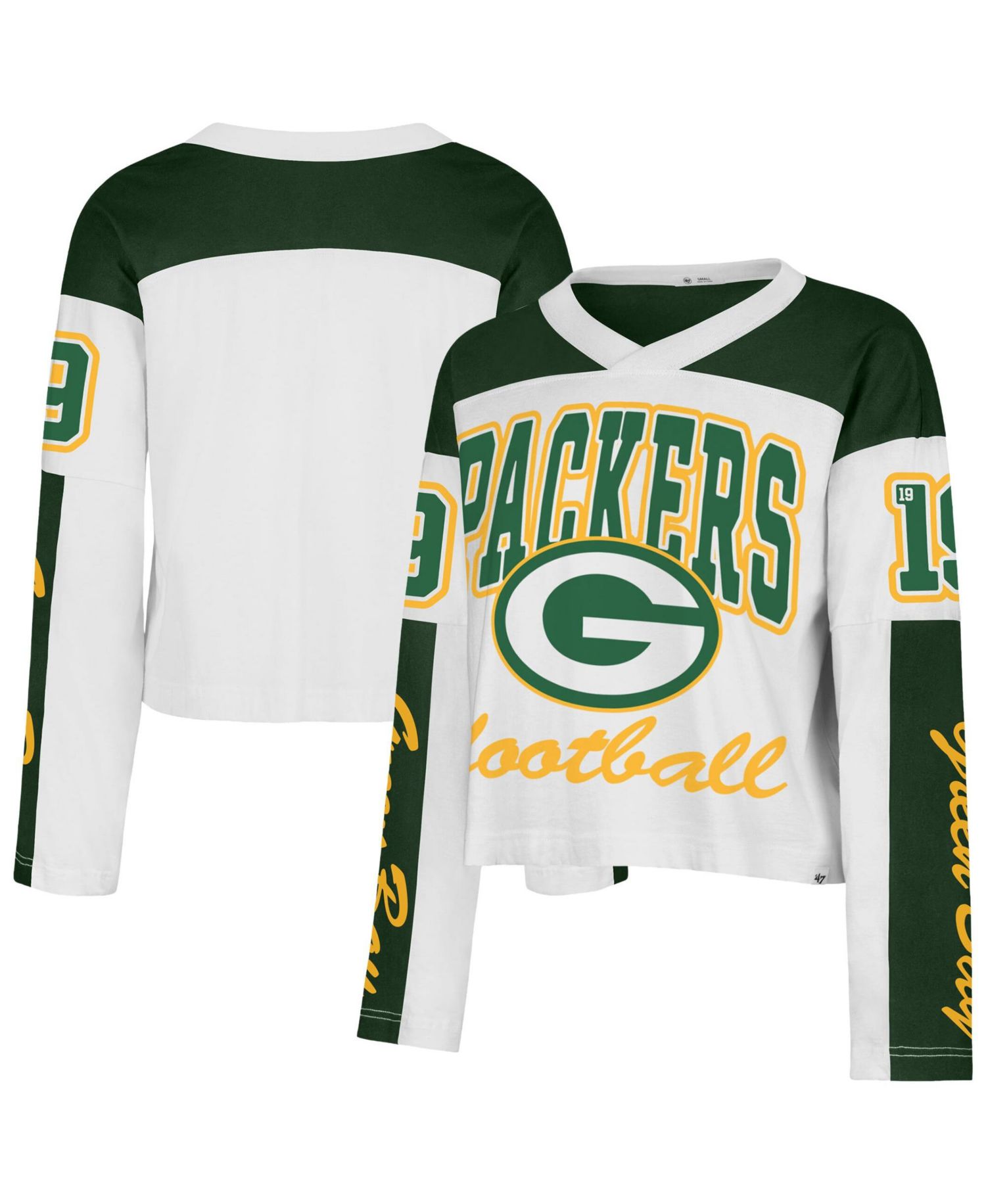 Women's '47 White Green Bay Packers Exclamation Metro V-Neck Long Sleeve Jersey T-Shirt