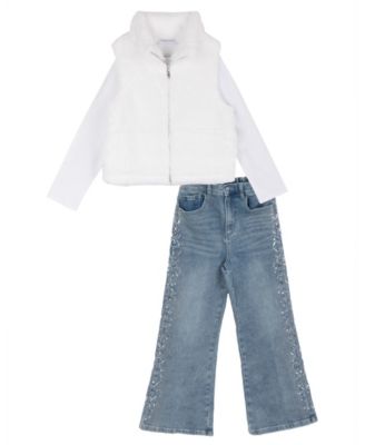 Girls' 7-12 Faux Fur Long-Sleeve Rhinestone-Embellished Vest, Tee, and Jeans, 3-Piece Set