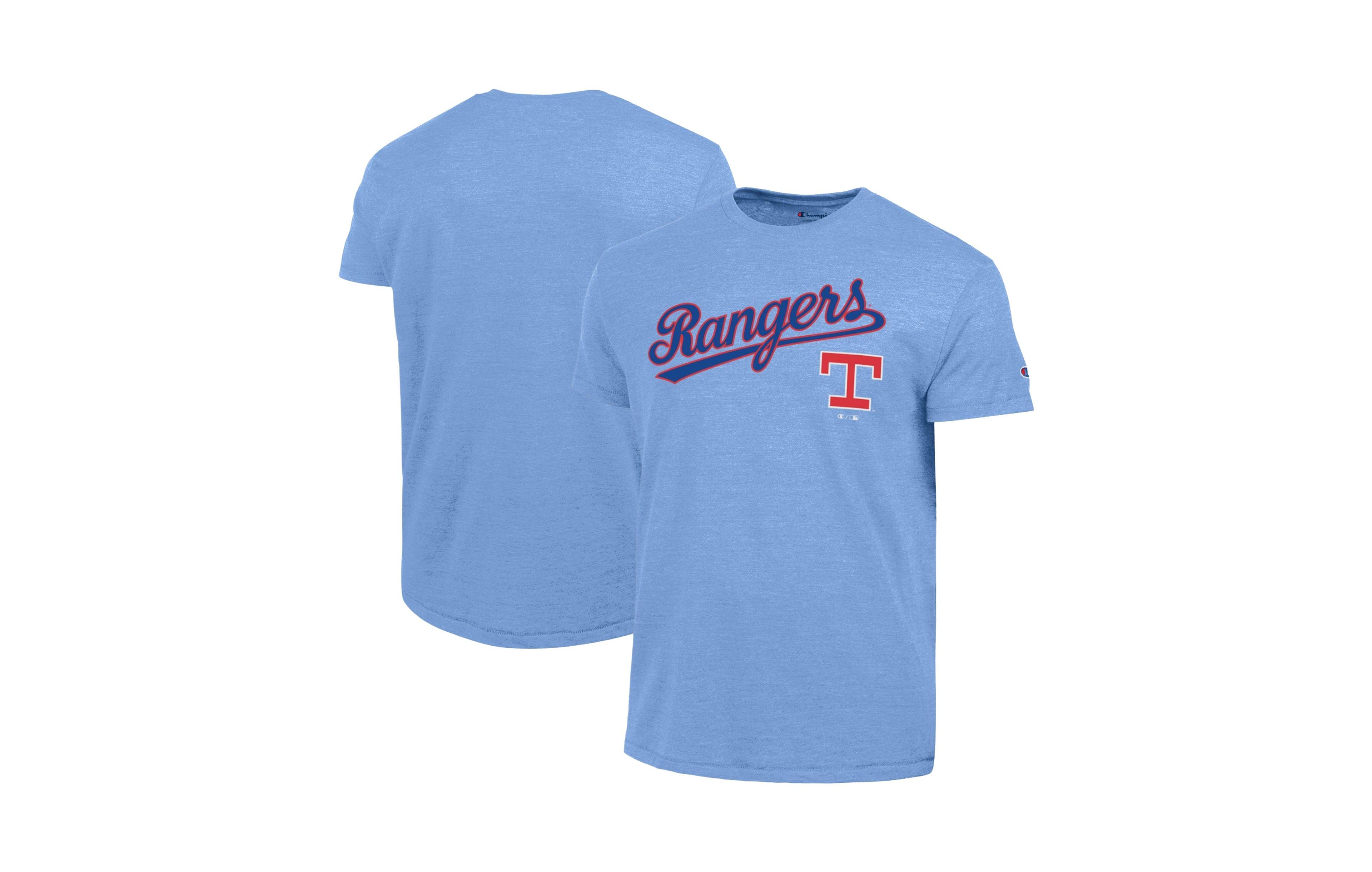 Champion Men's Light Blue Texas Rangers Cooperstown Wordmark Lockup Tri-Blend T-Shirt