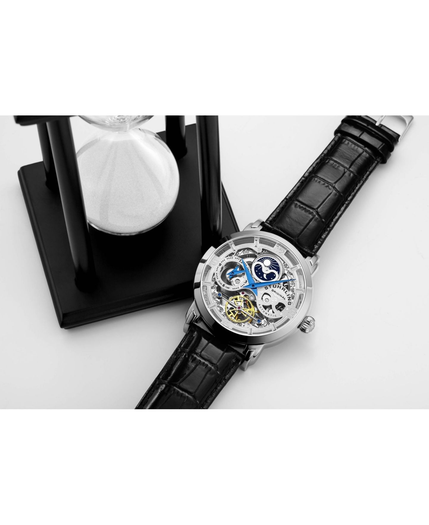 Мужские часы Stuhrling Anatol Automatic Skeleton Dual-Time Black Leather, 47mm — фото 3