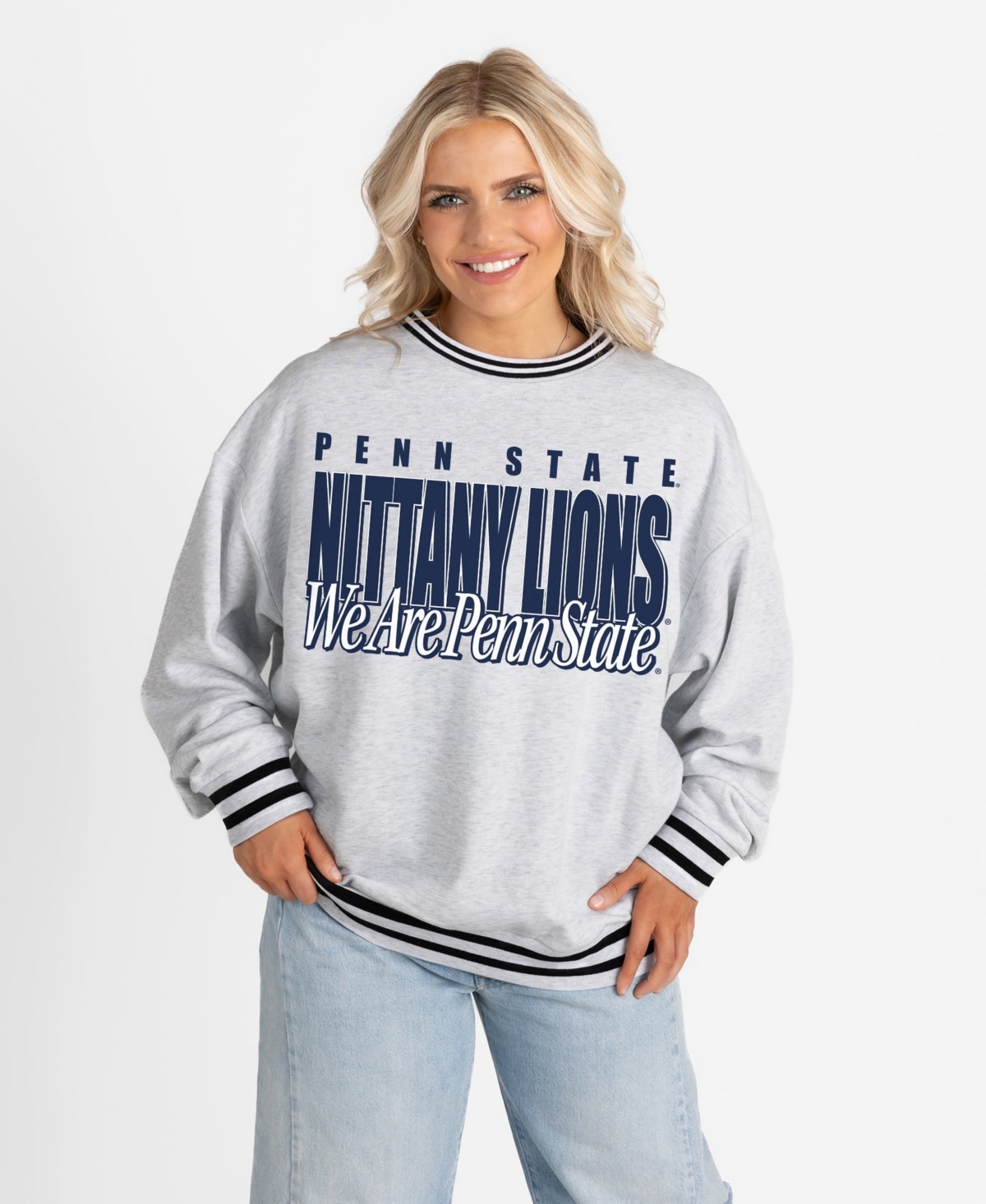 Gameday Couture Women's Gray Penn State Nittany Lions Oversized Showdown Ringer Stripe Sweatshirt