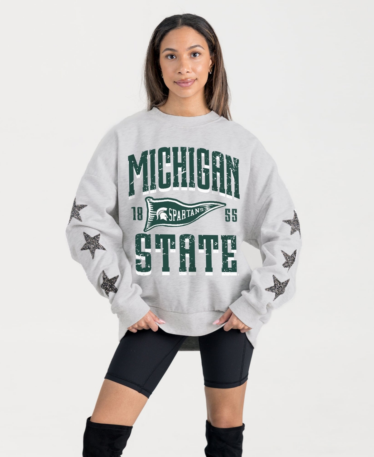 Women's Gameday Couture Ash Michigan State Spartans Oversized Pennant Pride Rhinestone Star Sleeve Sweatshirt