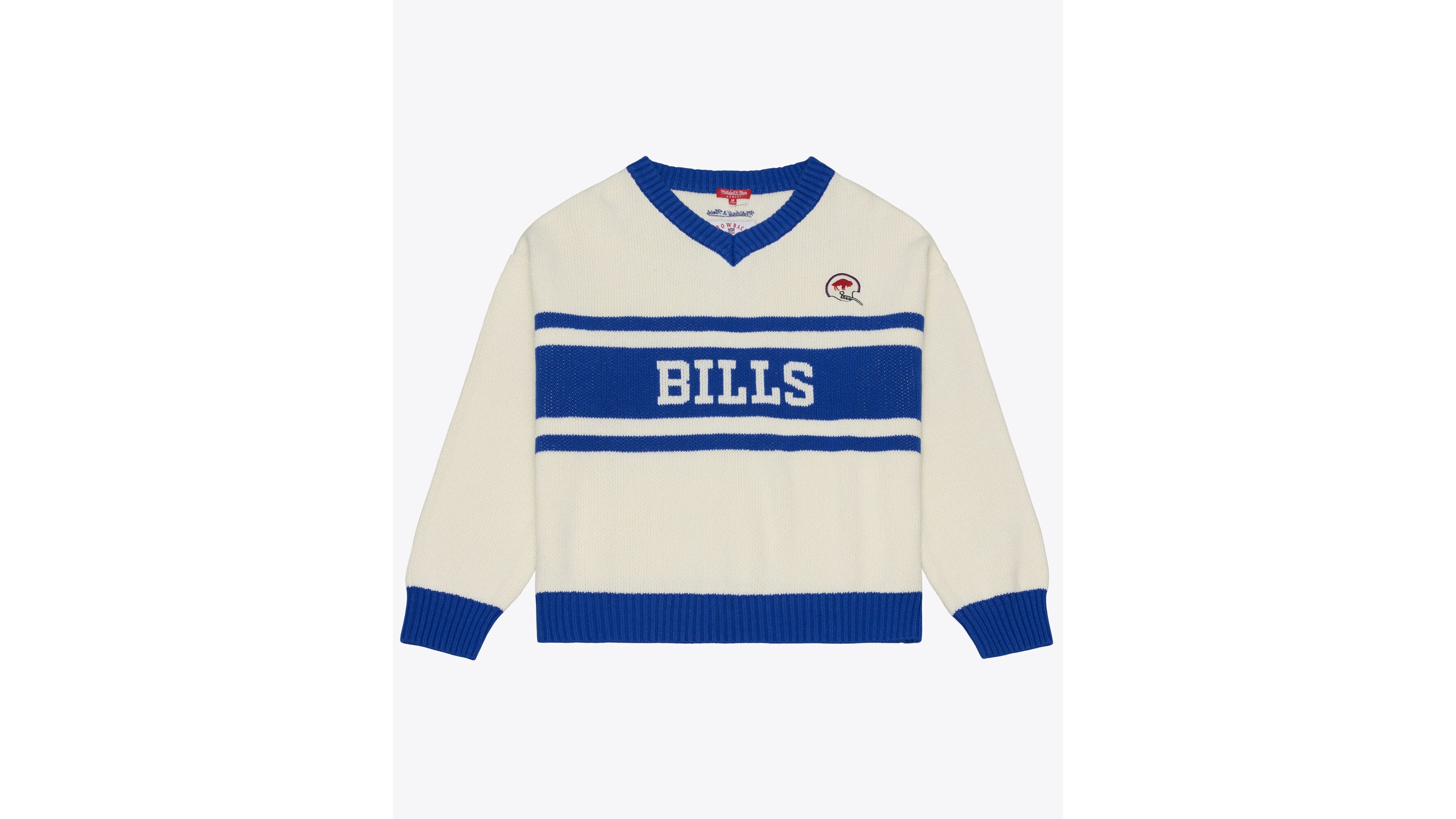 Women's Mitchell & Ness Cream/Royal Buffalo Bills Retro Roots V-Neck Sweater