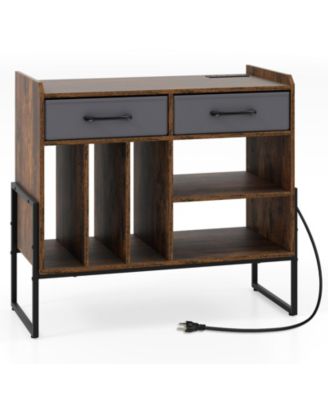 Large Record Player Stand with Charging Station Mid Century Modern Vinyl Storage Cabinet