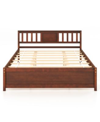 Wooden Platform Bed with Headboard and Slat Support Queen Size, Walnut